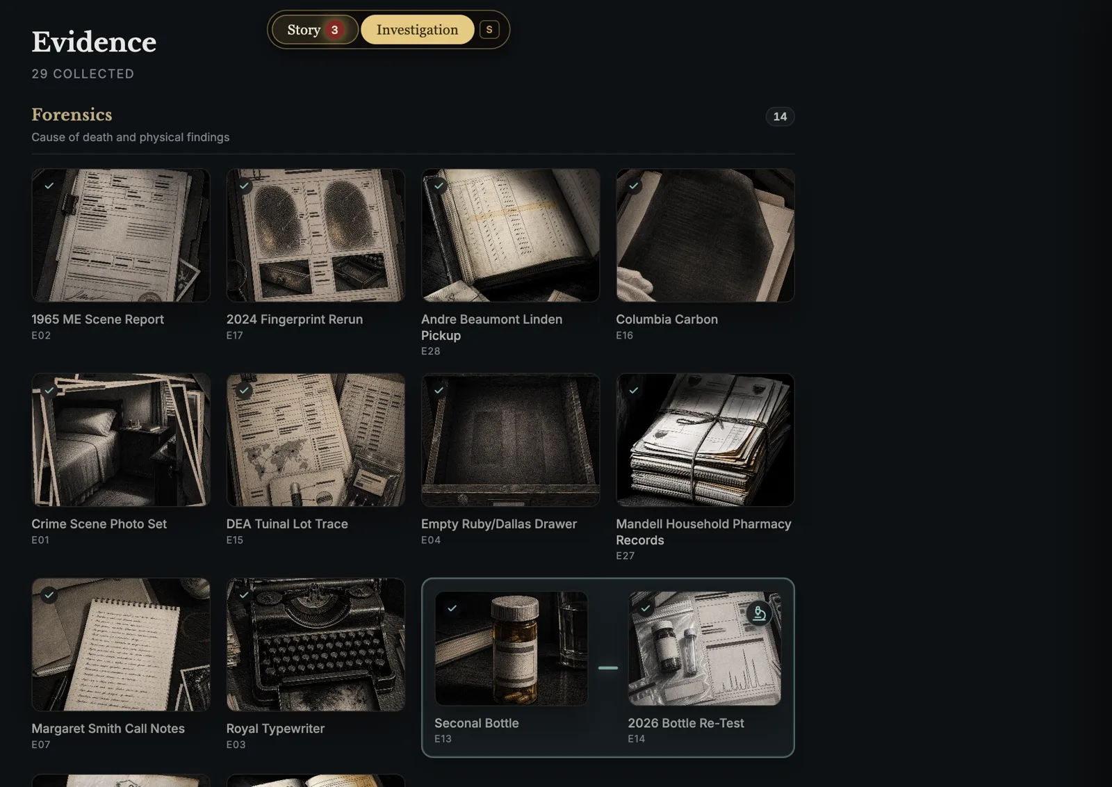The evidence gallery of a Palladian case, forensics files laid out as photographs
