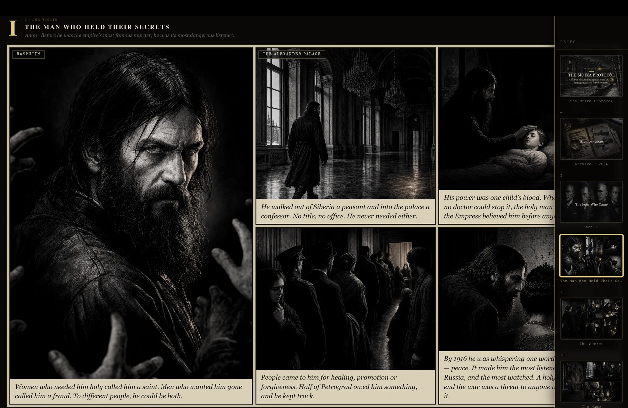 A chapter spread of The Moika Protocol in the story reader, with the page rail showing the chapters